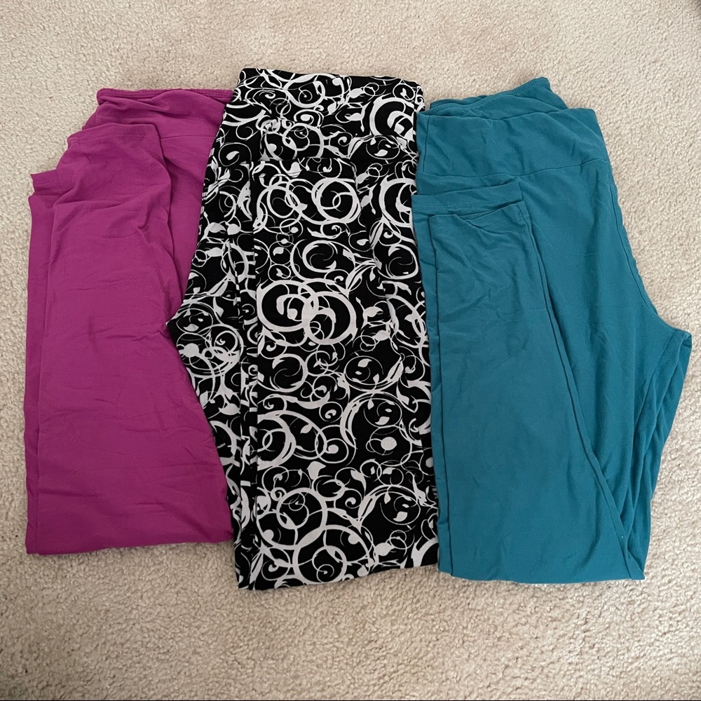 LuLaRoe 3-soft leggings fuchsia, black w/white swirl and teal TALL and CURVY